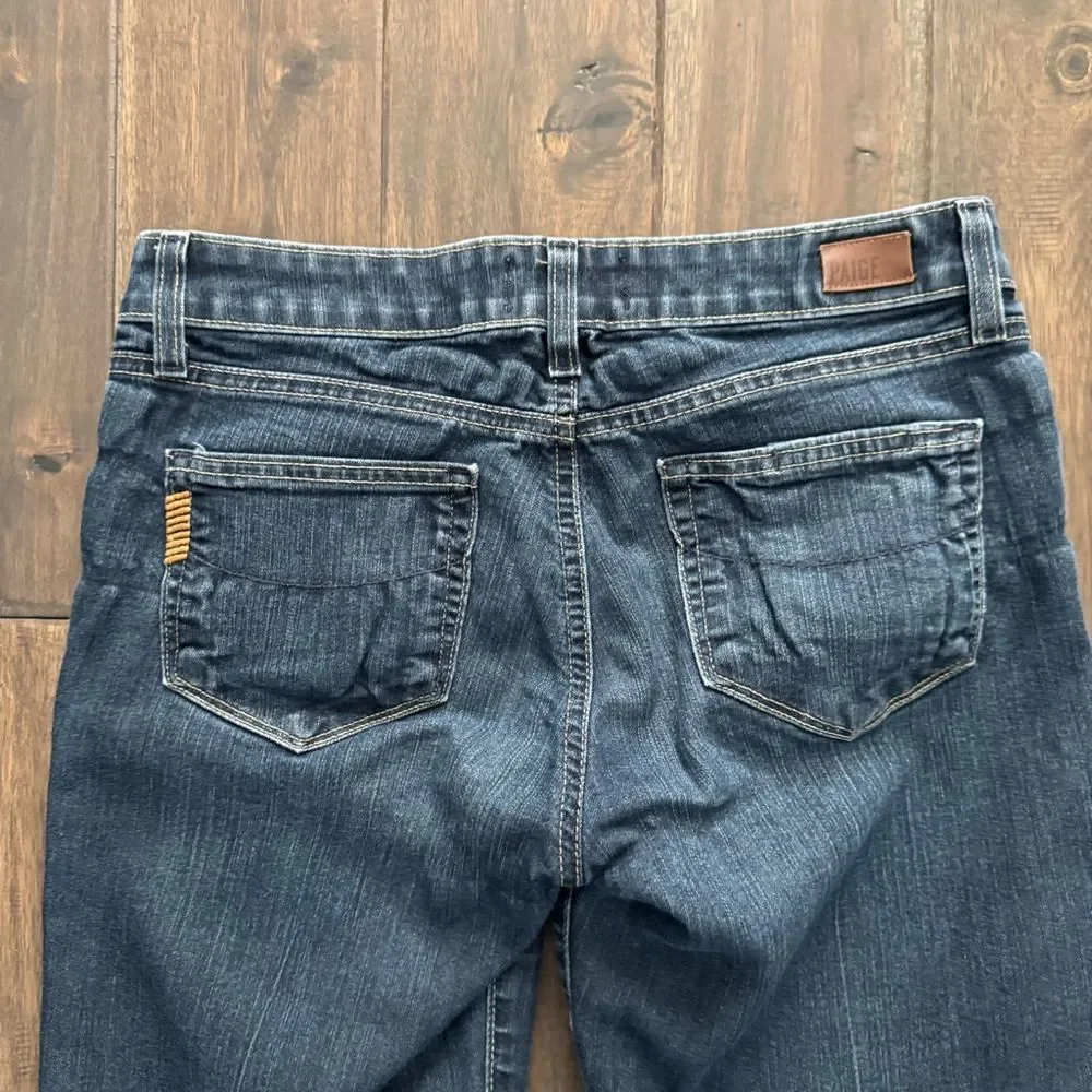 Paige Distressed Dark Wash Flare Leg Low Rise Jeans 29
